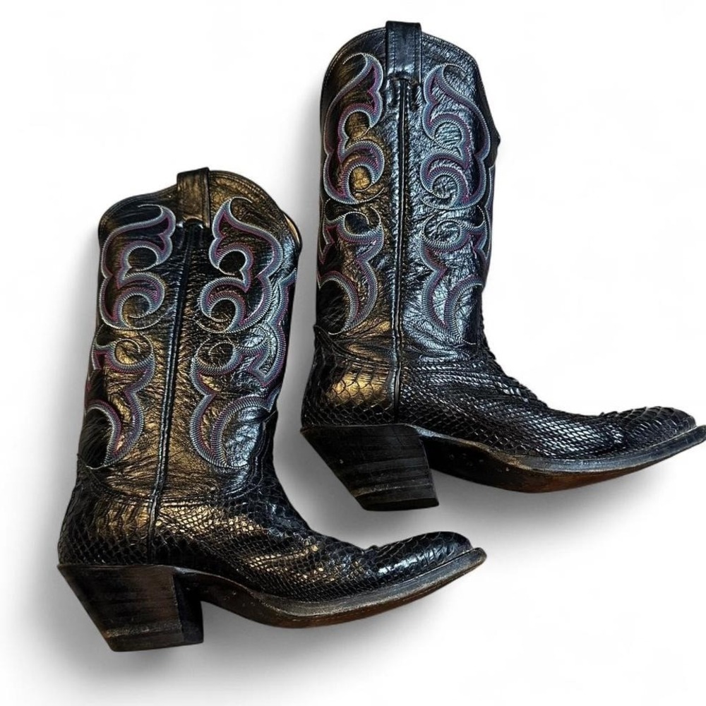 Nocona Black Snake Skin Leather Cowboy Boots Mens Size 7.5B Style 4317A USA